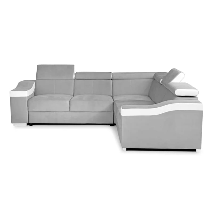 Canap&eacute; d&rsquo;angle convertible r&eacute;versible en velours gris clair et simili cuir blanc